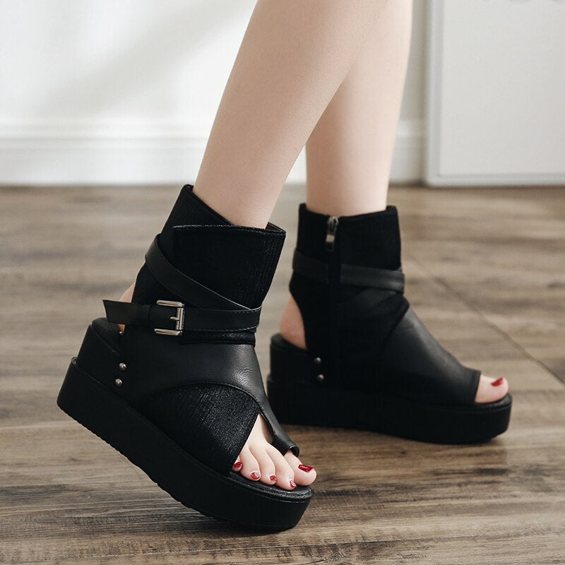 Black Women Ankle Boots Spring Autumn Peep Toe Flat Heel Boots For Female Buckle Platform Wedges Shoes Summer Comfortable