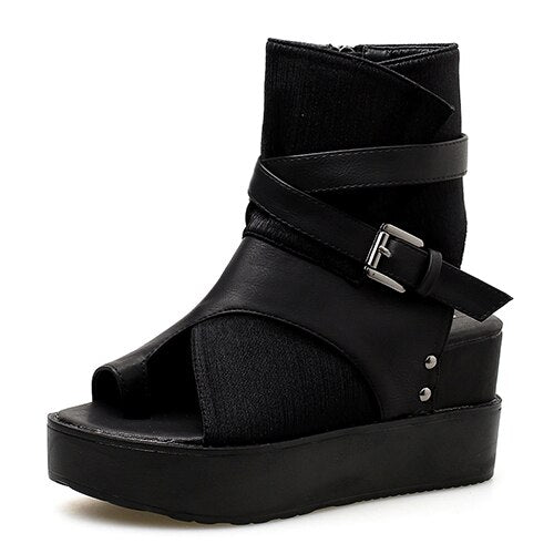 Black Women Ankle Boots Spring Autumn Peep Toe Flat Heel Boots For Female Buckle Platform Wedges Shoes Summer Comfortable
