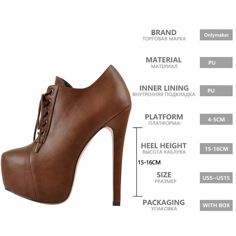 Platform Lace Up Chocolate Ankle Boots High Heels Stiletto Big Size  Side Zip Lady Fashion  Booties