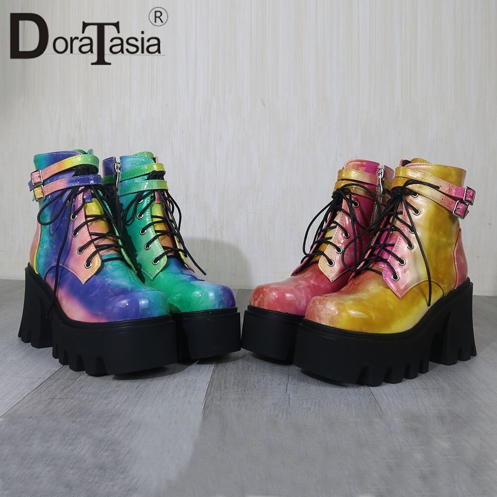 Chunky High Heels Ankle Boots Fashion Colorful Zip Platform Boots Women Party Street Shoes Woman