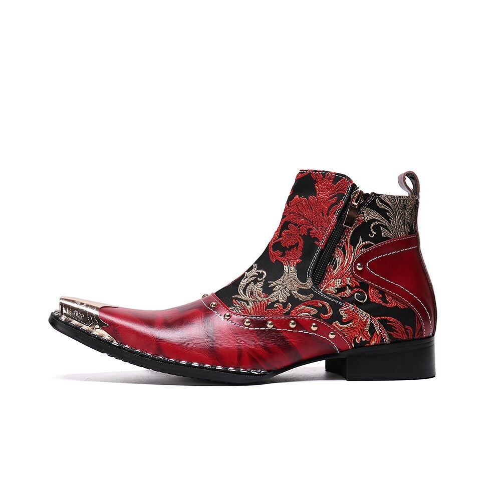 Luxury British Style Men Mid Calf Red Boots Steel Toe Genuine Leather Motorcycle Cowboy Boots Male Snake Skin Boots Dress Shoes