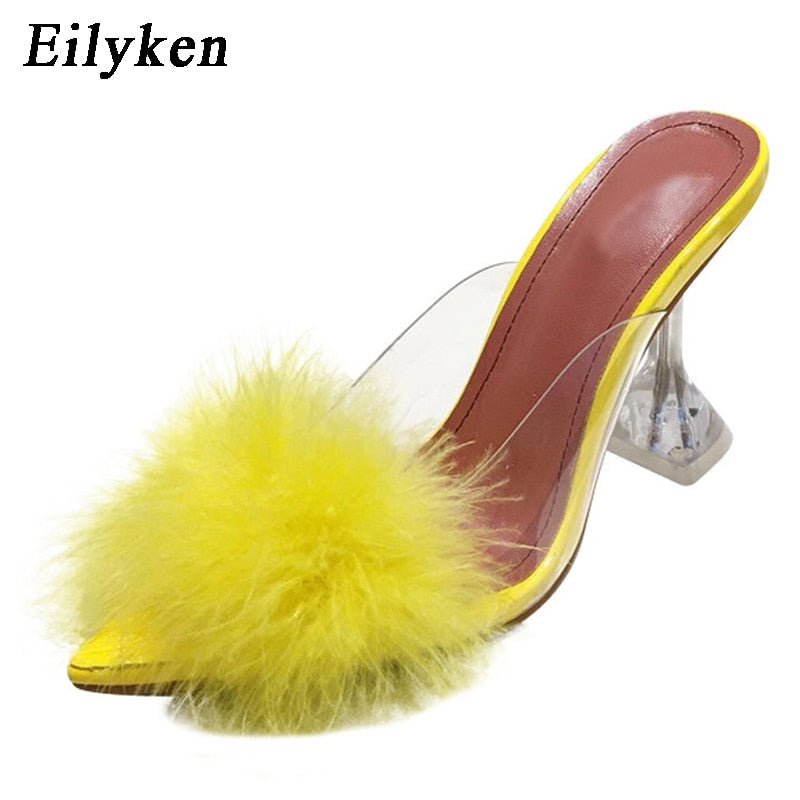 Transparent Feather High Heels Fur Slippers Woman Peep Toe Mules Lady Pumps Slides White Shoes