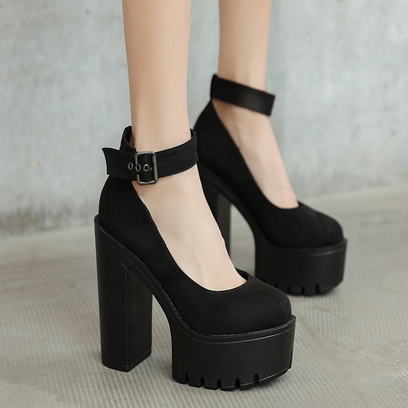 Chunky Block High Heel Platform Shoes Ankle Strap Buckle Pumps Gothic Punk Shoes For Model Nightclub