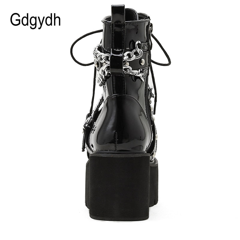Autumn Winter Boots Women Sexy Chain Boots Ankle Buckle Strap Ankle Boots Square Heel Thick Sole Platform Rock Punk Style