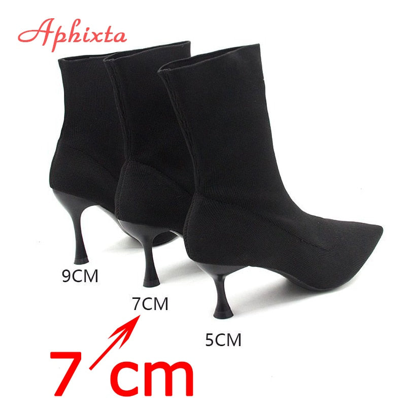 Stretch Fabric Socks Boots Women Black Shoes Elegant Pointed Toe Knitting Elastic Ankle Boots for Women