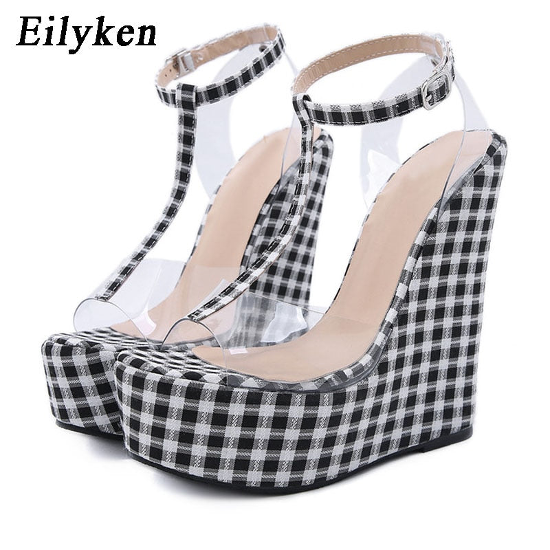 Fashion Gingham Thick Bottoms Wedge Sandals Ankle Buckle Strap