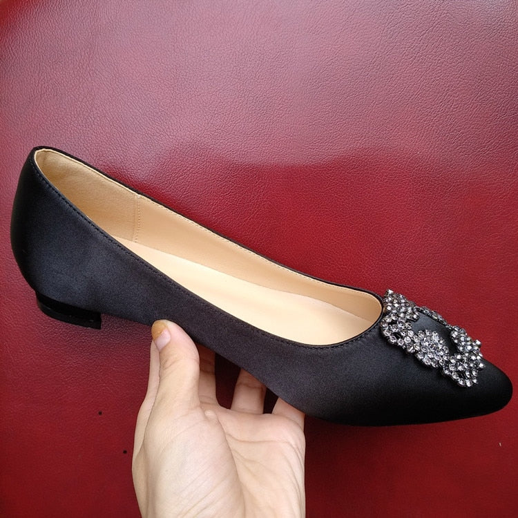 Black Satin Cloth Flats Shoes Woman Basic 2023 Fashion Sequined Rhinestones Crystal Diamond Flats Bridal Shoe Work Women Shoes