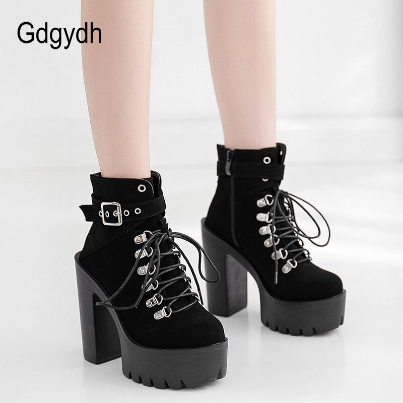 Lace Up Women Boots Platform Buckle Boot Winter Shoes Thick Heel Boots With Zipper Ankle Strap Black Suede Gothic