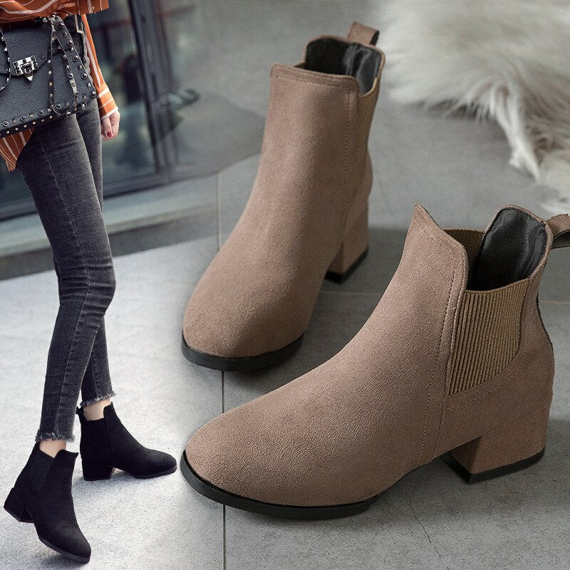 Autumn Winter Boots women Camel Black Ankle Boots For Women Thick Heel Slip On Ladies Shoes Boots Bota Feminina erf56