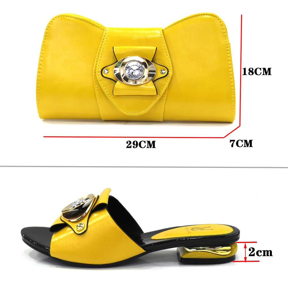 Italian Design Fashion African Women&#39;s Low Heel Comfortable Shoes and Bags Set Leather Casual Ladies Slippers