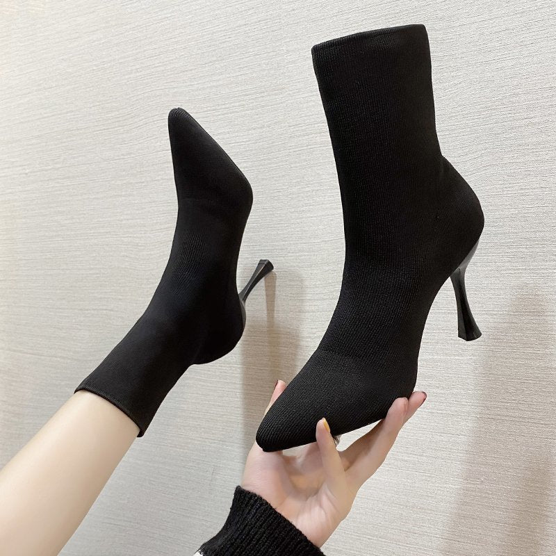 Stretch Fabric Socks Boots Women Black Shoes Elegant Pointed Toe Knitting Elastic Ankle Boots for Women