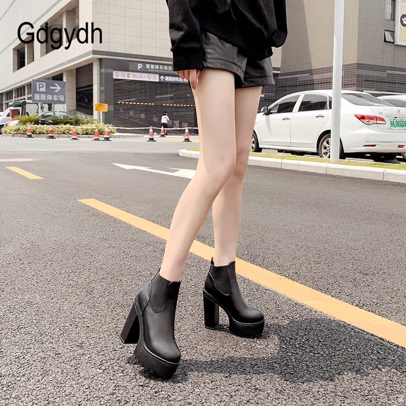 New Black Leather Boots Spring Autumn Basic Solid Color Ladies High Heeled Shoes Platform Square Heel Model Party