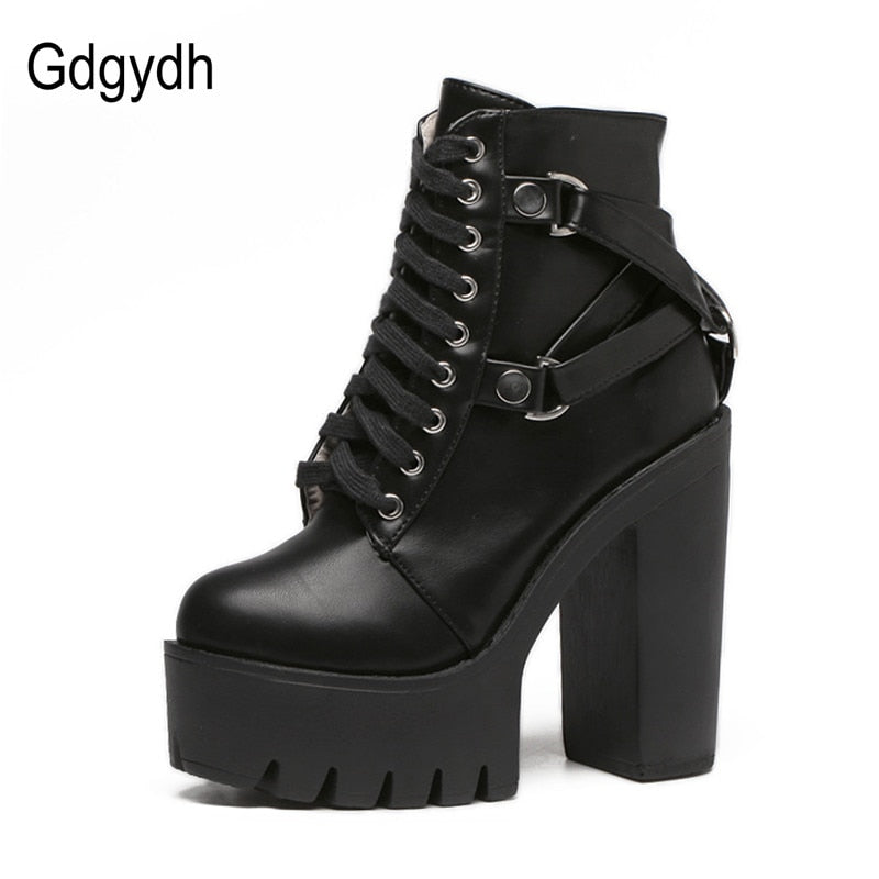 Fashion Black Boots Women Heel Spring Autumn Lace-up Soft Leather Platform Shoes Woman Party Ankle Boots High Heels Punk