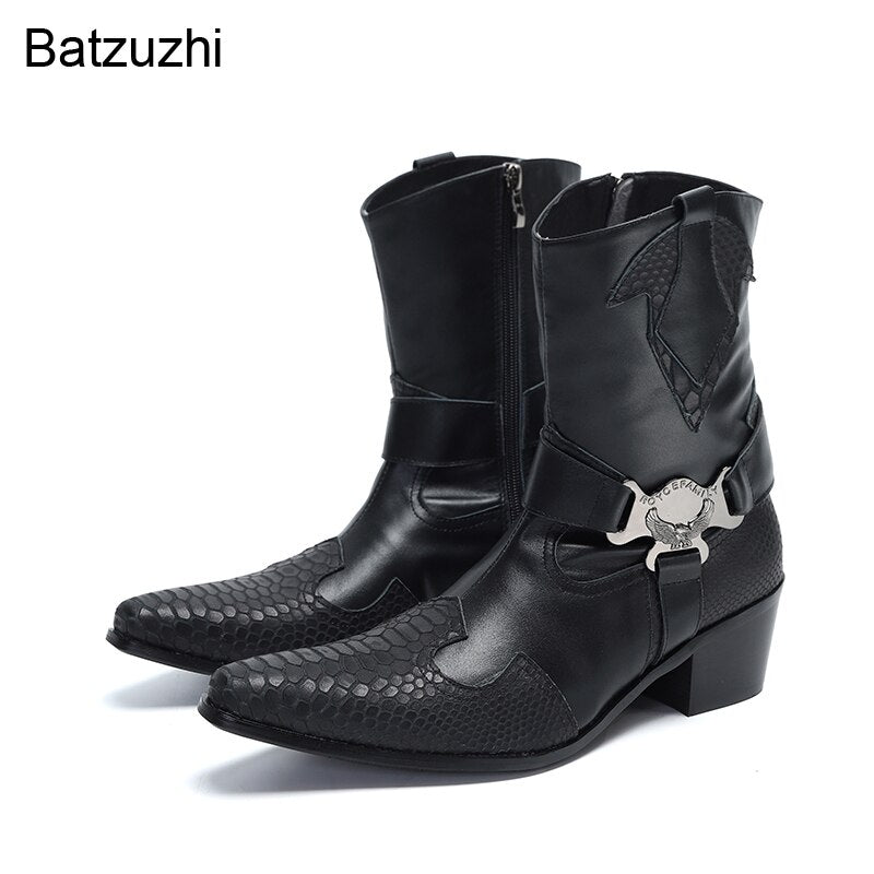 Western Cowboy Handmade Black Leather Boots Men Mid-calf Zip Leather Men's Boots 6.5cm Heels Pointed Toe