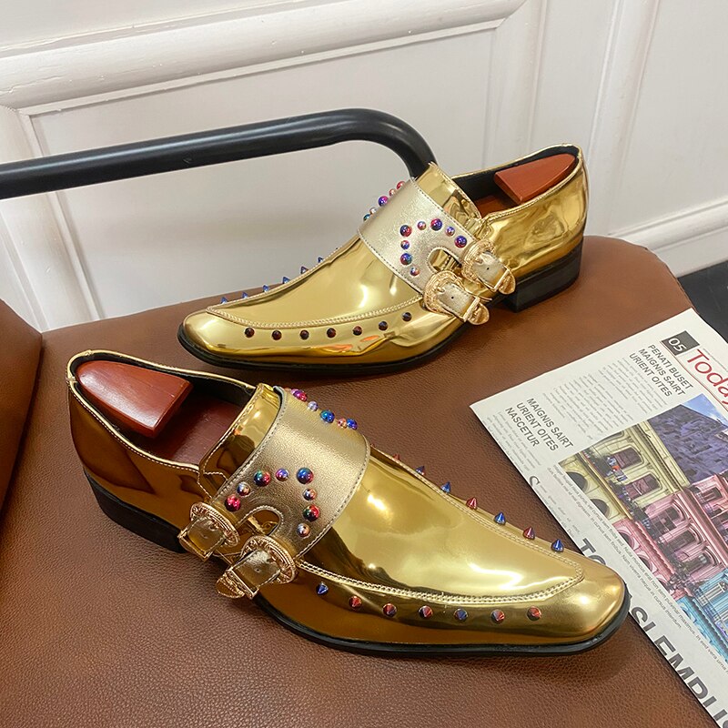 Gold Men Dress Shoes Rivet Breathable Square Men Loafers