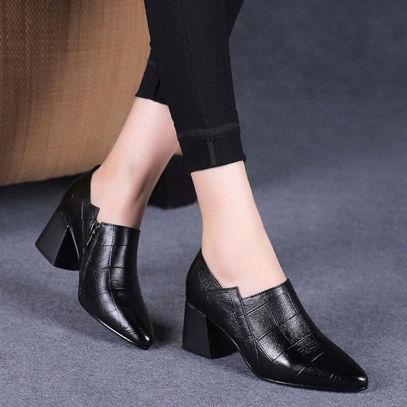 Square High Heels,Soft PU Leather Work Shoes For Office Lady,Pointed Toe,