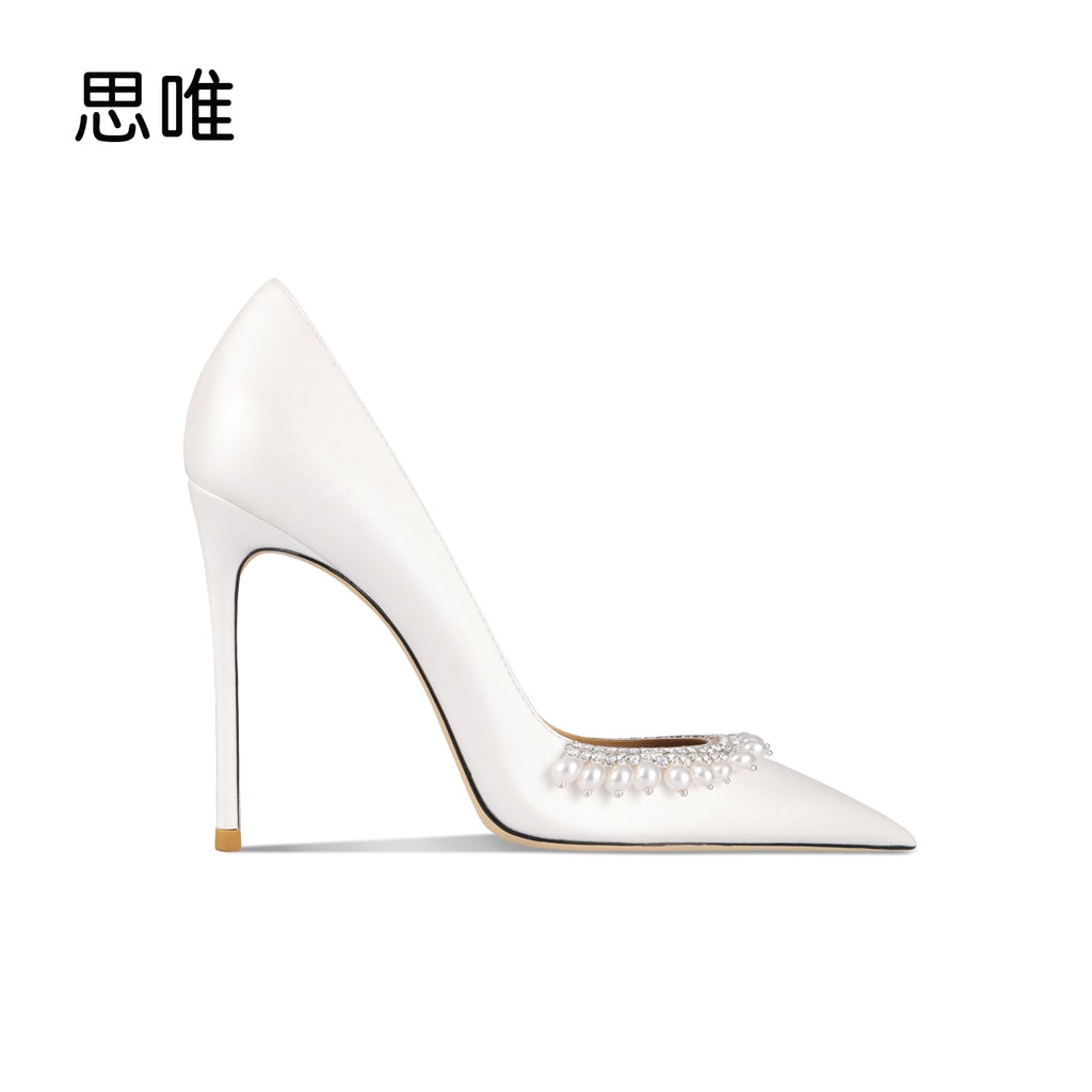 White Pearl Satin Surface Point Toe Weddings bridal Pumps
