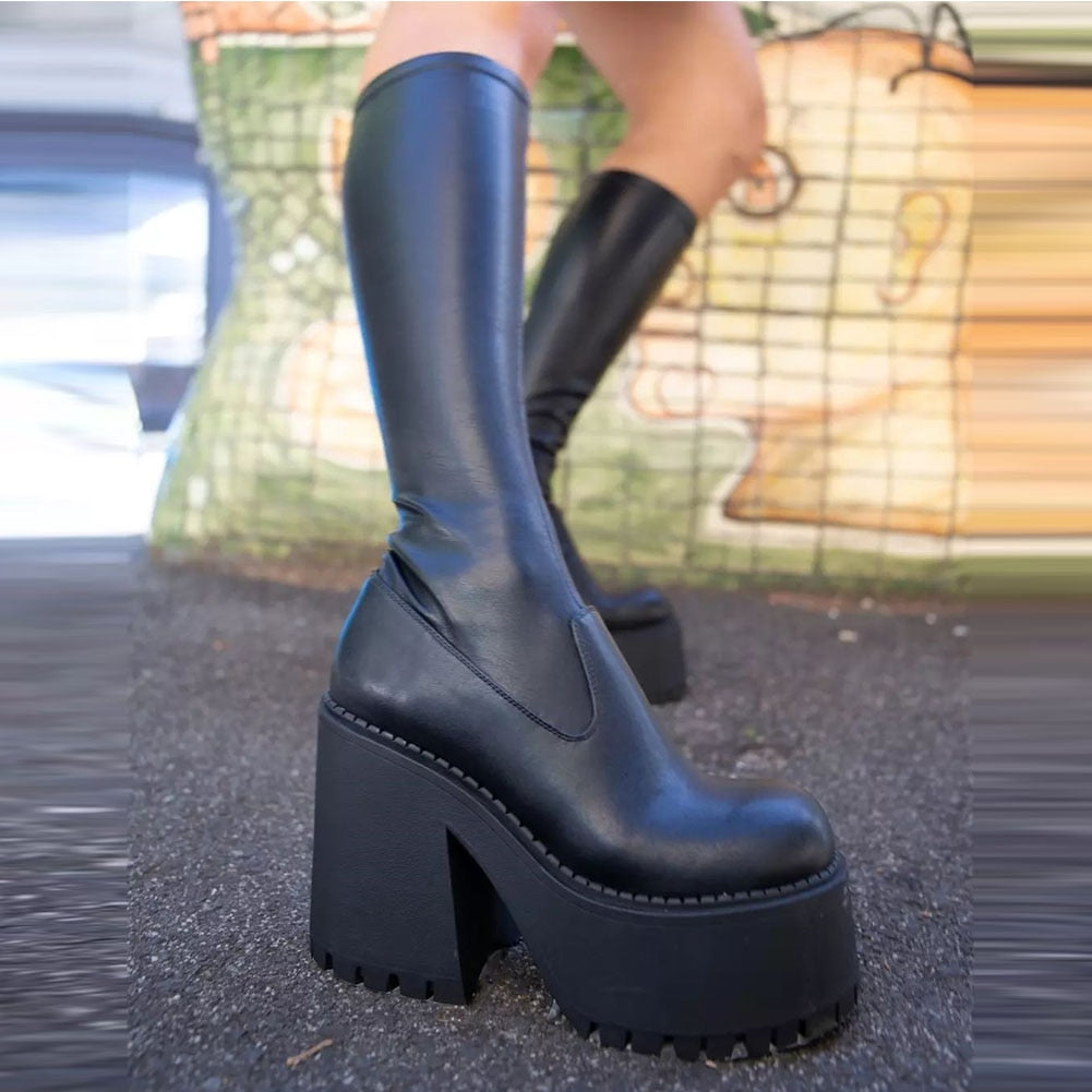 Chunky High Heels Platform Goth Black Women Boots Brand Design Fashion Luxury Shoes Boots Women