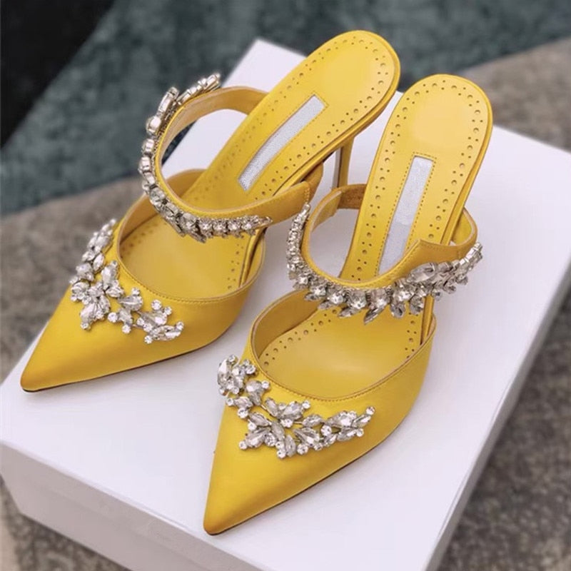 Yellow high heels satin rhinestone pointed sandals