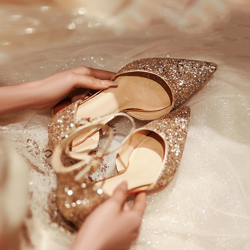 Gold Silver Sequins High Heels Pumps Ankle Straps Wedding Shoe