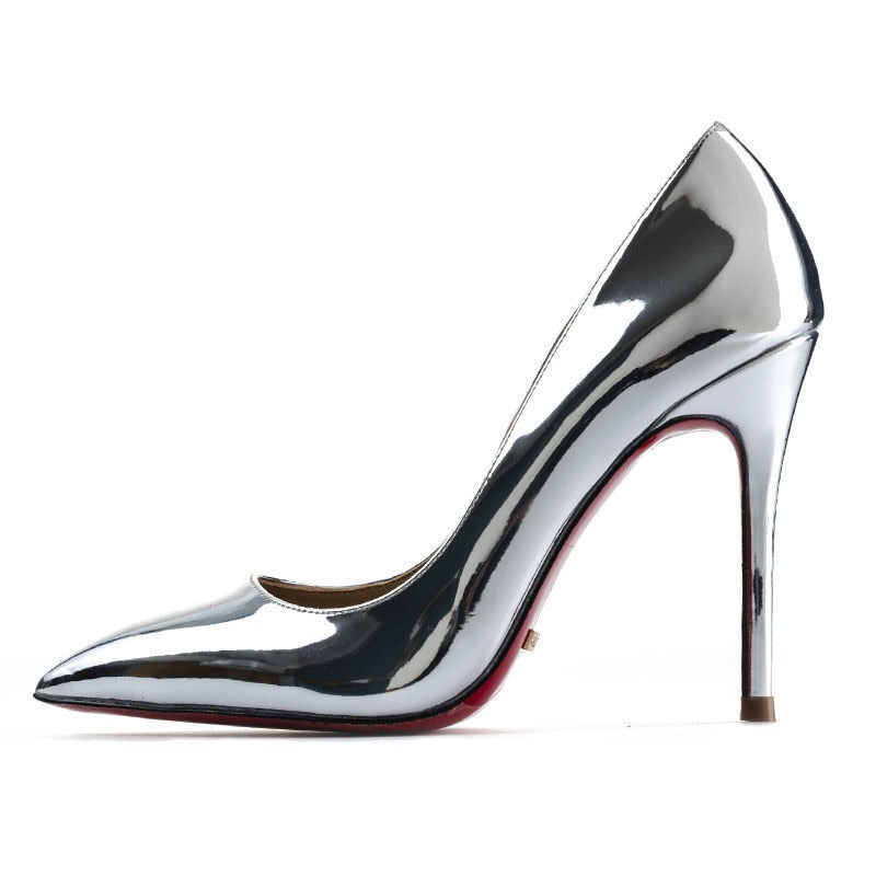 Silver Luxury Brand Women Red Pumps Pointed Toe Thin Heel High Heels
