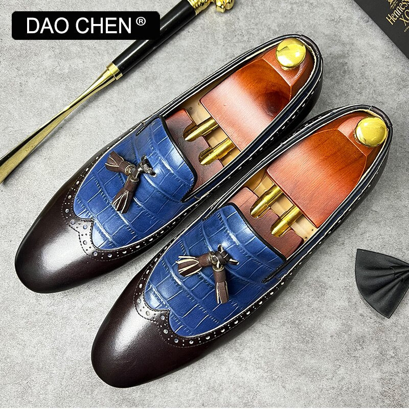 CASUAL SHOES BLACK MIXED COLOR WINGTIP MEN DRESS LOAFERS SHOES WEDDING OFFICE GENUINE LEATHER SUMMER SHOES FOR MEN