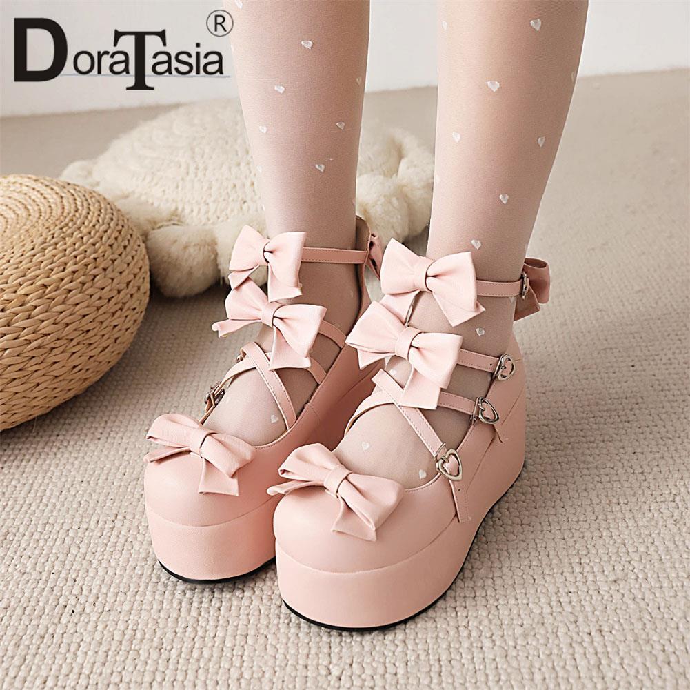 Platform Lolita Pumps Fashion Bow Buckle Wedges High Heels Mary Janes Pumps Sweet Woman Shoes