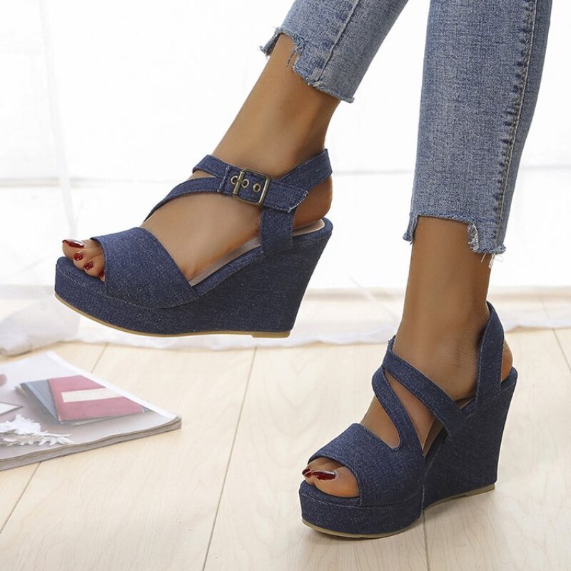2023 summer women&#39;s shoes large comfortable fishtail sandals large wedge casual buckle luxury sexy high heels