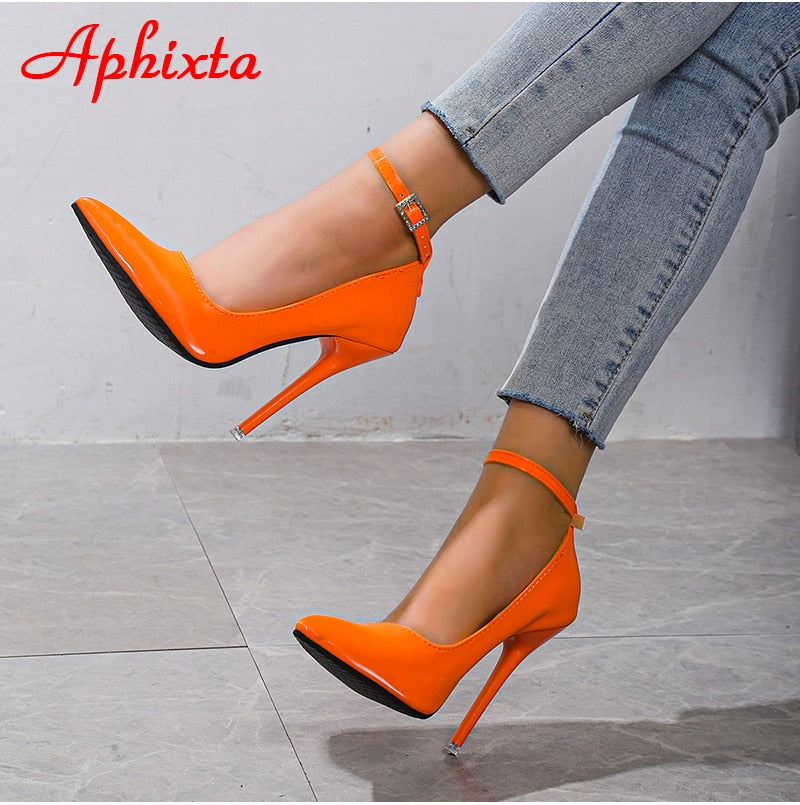 Orange New Luxury Crystals Buckle Pimp Super High 12cm Stiletto heels Pumps Women Shoes Pointed Toe Colorful Party Pumps