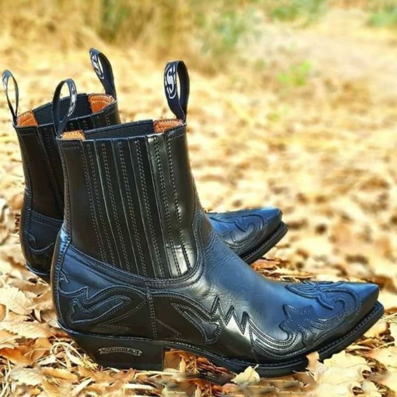 Western Cowboy Burnt Flower Men&#39;s Boots Black Brown Handmade Chelsea Boots for Men Free Shipping Size 38-48