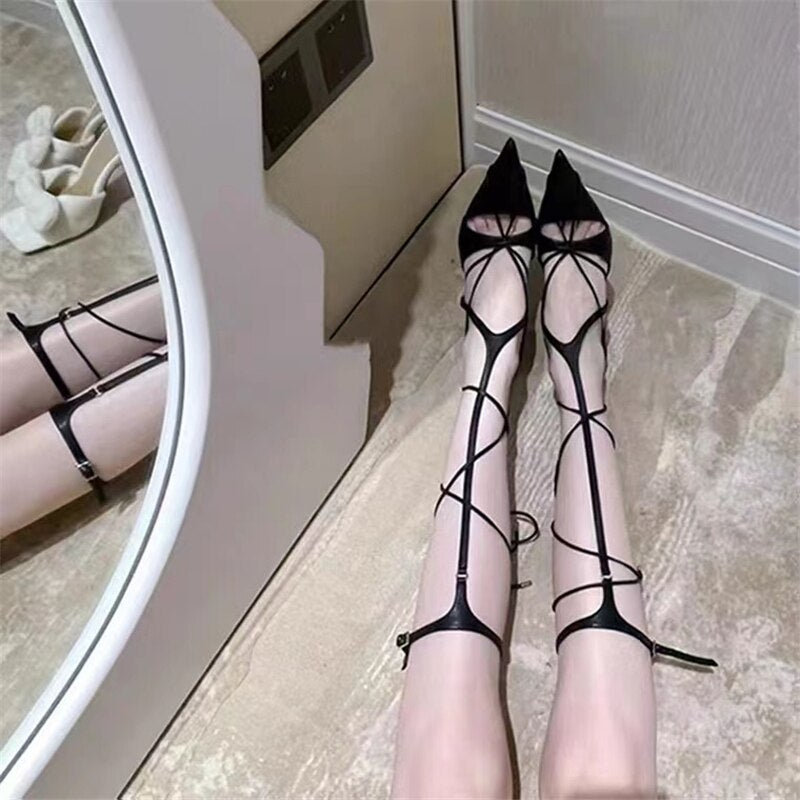Gladiator Sandals High Heel Prom Dress Shoes Woman Summer Boots Pointed Toe Lace-up Women Pumps Stiletto