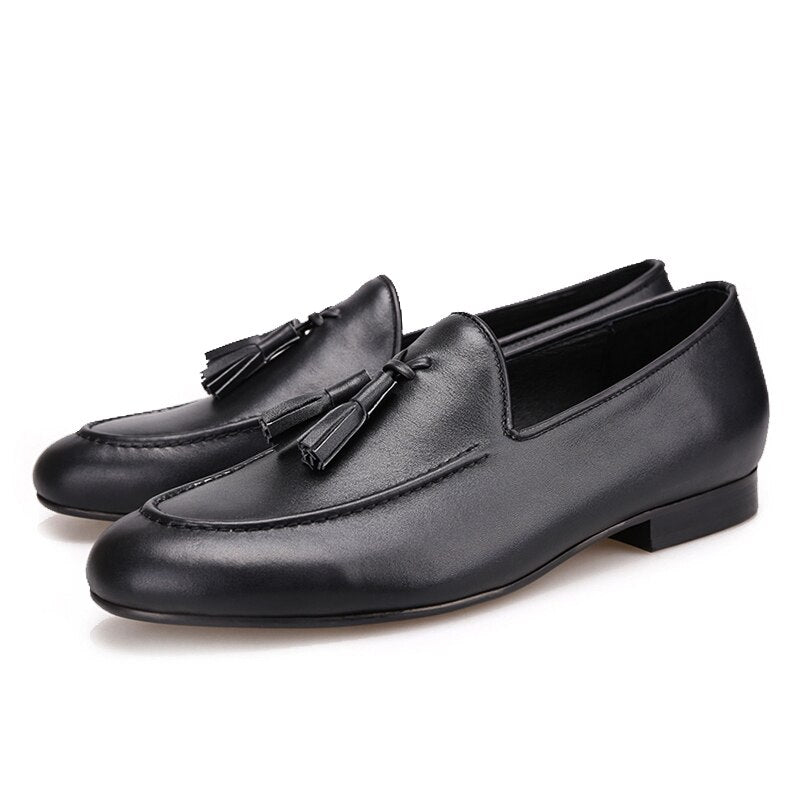 Two Colors Cowhide Men Shoes With Leather Tassels Handmade Party Slip-On Loafers