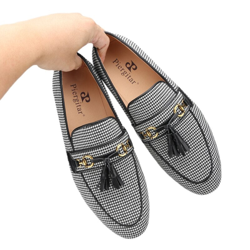 Black And White Wool Houndstooth Slippers With Leather Tassels Moccasins