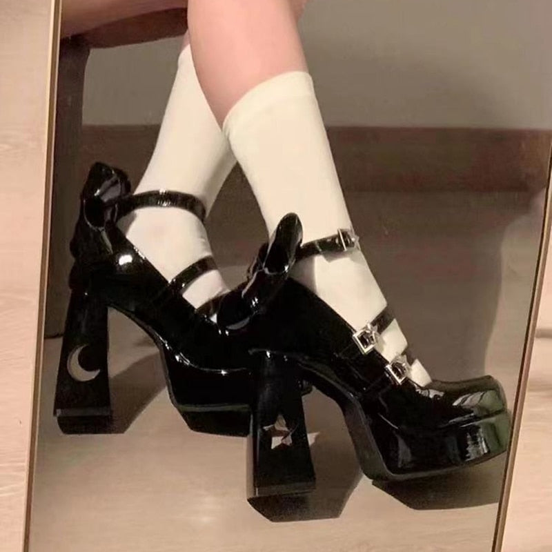 Punk Thick Heel Mary Jane Lolita Shoes Woman Patent Leather Shoes