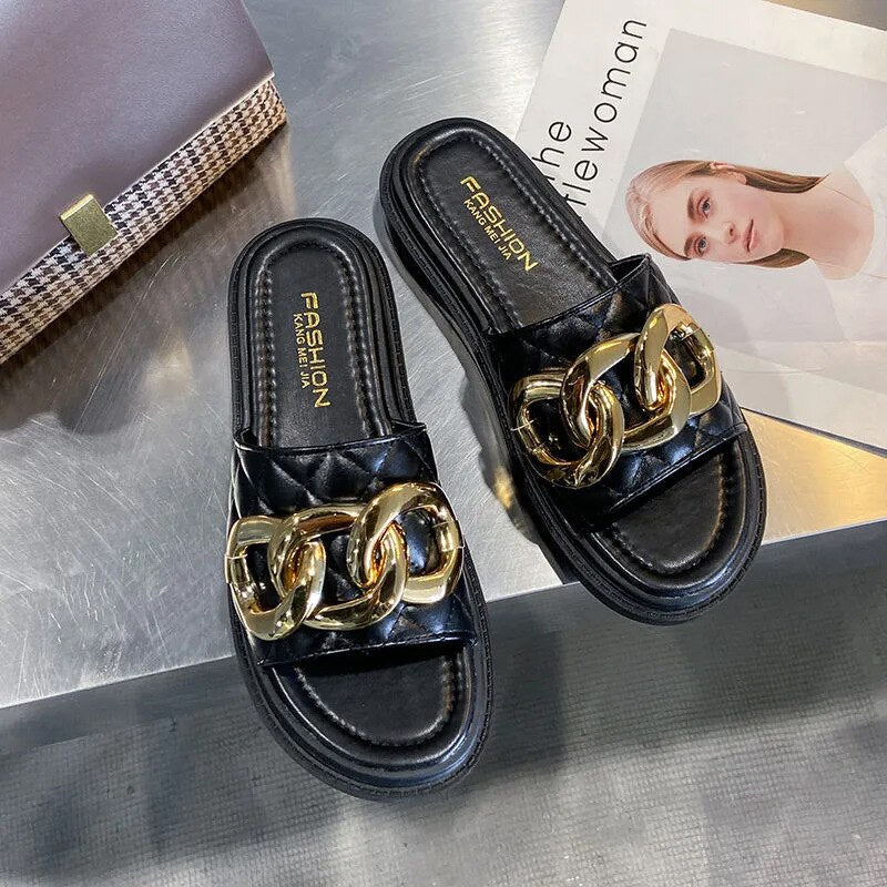 All-match Summer Casual Metal Buckle Slippers