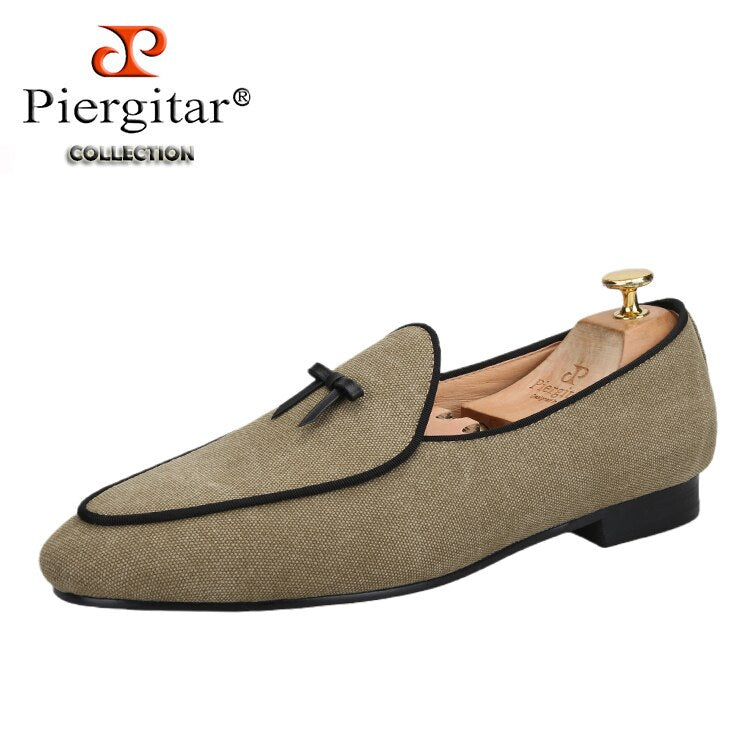 Three Colors Raw Cotton Canvas Belgian Loafers With Calfskin Flat Bows Handmade Slip-On Classic