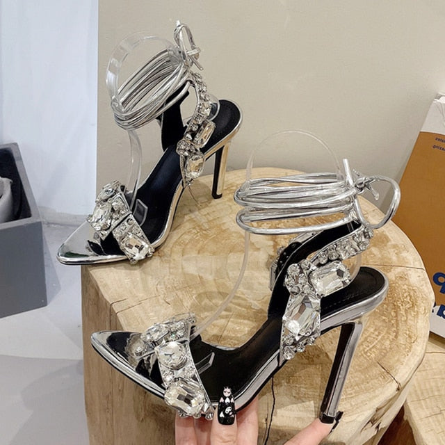 Golden Heels High Quality Crystal Diamond Pointed Toe Sandals