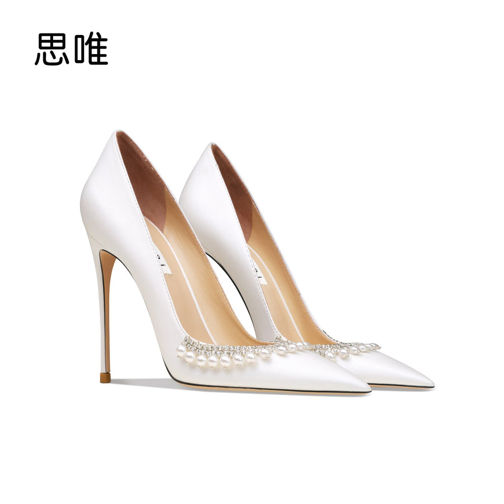 White Pearl Satin Surface Point Toe Weddings bridal Pumps