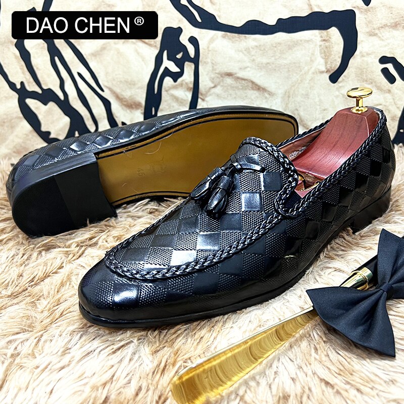LUXURY PLAID PRINT WEAVE CASUAL SHOES BLACK BROWN WEDDING OFFICE DRESS MAN SHOES LOAFERS MEN