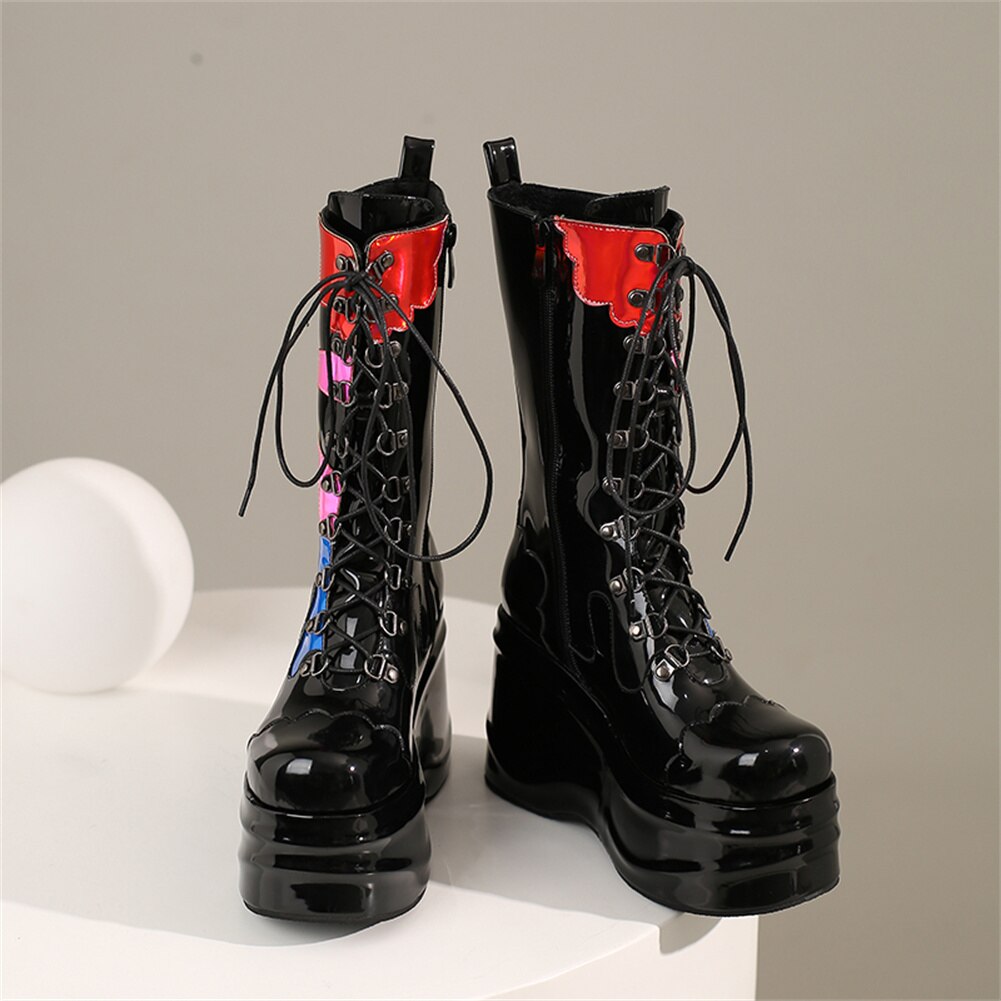 Lace-up High Platform Boots Fashion Mixed Colors Wedges High Heels
