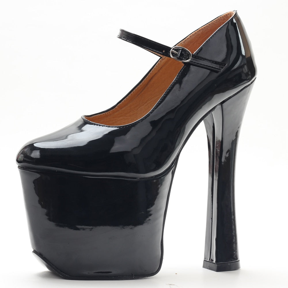 Black patent platform Mary Janes Pumps with chunky