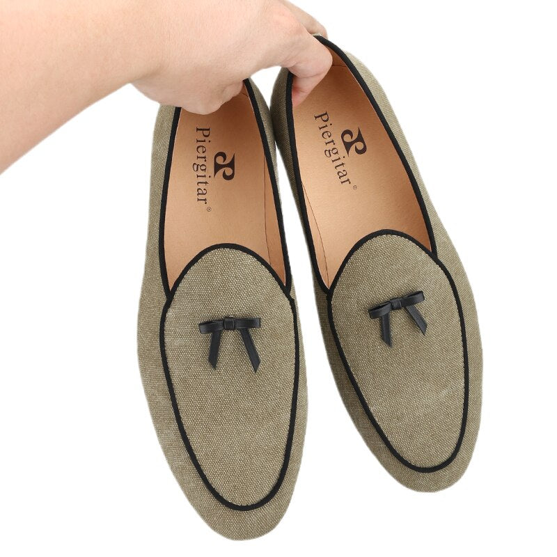 Three Colors Raw Cotton Canvas Belgian Loafers With Calfskin Flat Bows Handmade Slip-On Classic