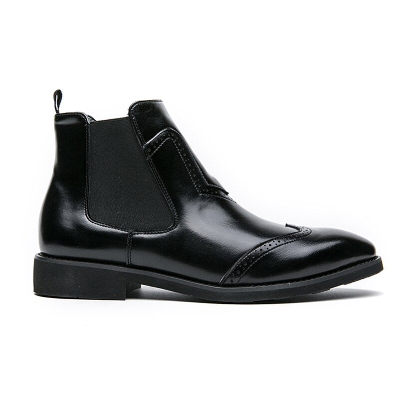 Chelsea Boots Men Big Size Leather Brogues Pointed Toe Formal Shoes Slip on Dress Shoes British Style Long Boots Rubber Outsole