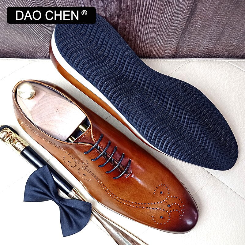 Brown Casual Leather Lace up Outdoor Daily Dress Shoes