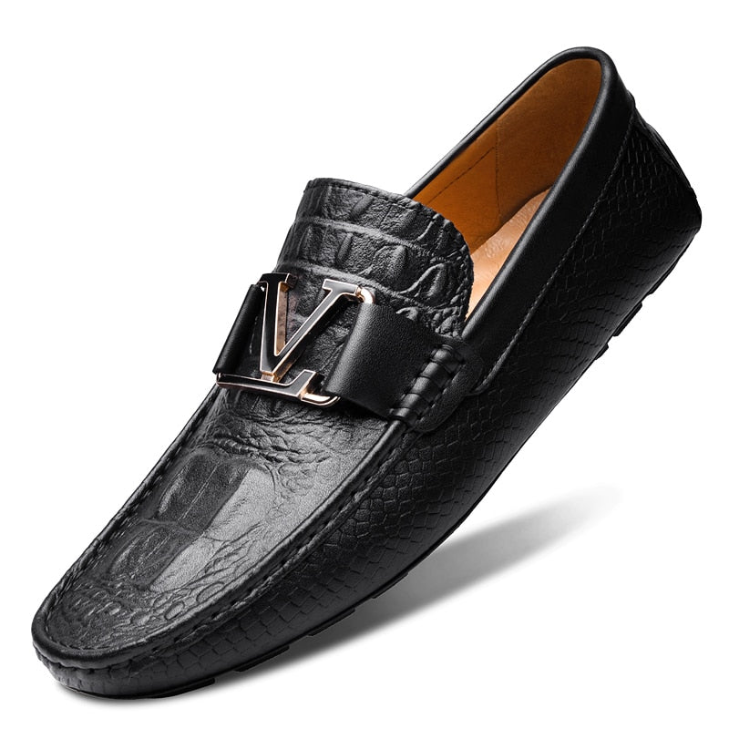 100% Genuine Leather Shoes Crocodile Pattern Mens Loafers Flats Moccasins Strap Slip on