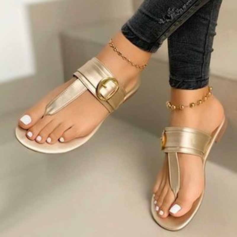 New Summer Flip Flop Sandals Metal Decoration Ladies Flat Shoes