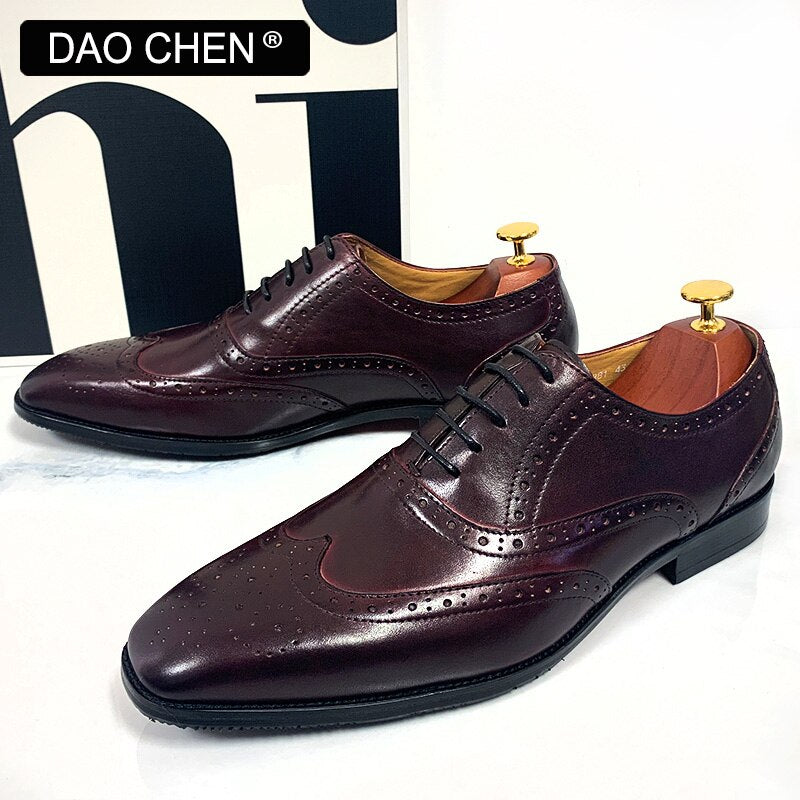 BURGUNDY BROGUES WING TIP WEDDING OFFICE FORMAL LEATHER SHOES