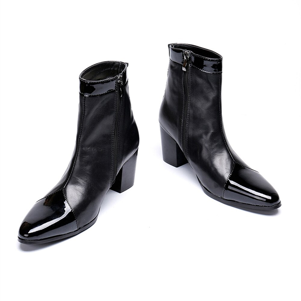 Black Patchwork Genuine Leather Thick High Heels Pointed Toe Zipper Boots Male Plus Size British Style Party Men Dress Shoe