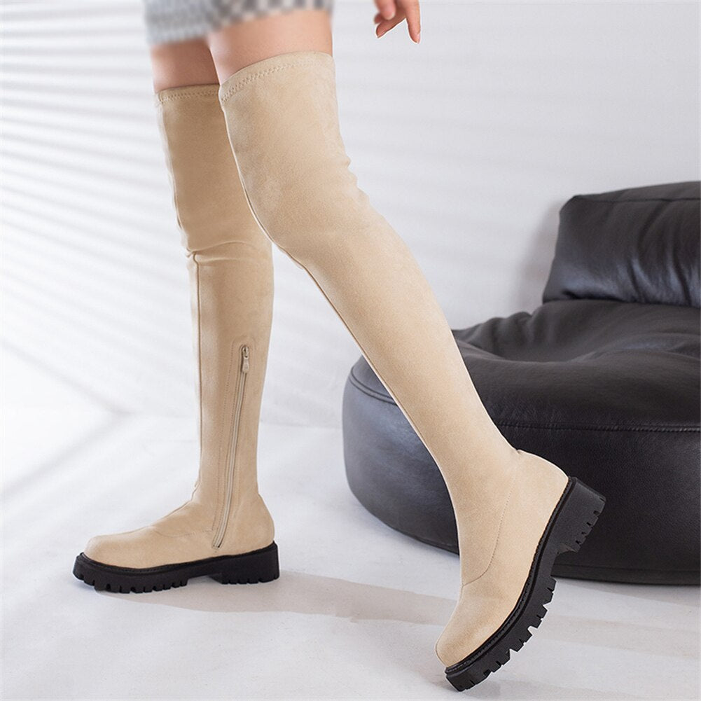 Platform Boots Warm Plush Square Heels Round Toe Over The Knee Boots Winter Shoes