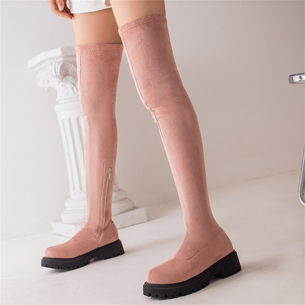 Platform Boots Warm Plush Square Heels Round Toe Over The Knee Boots Winter Shoes